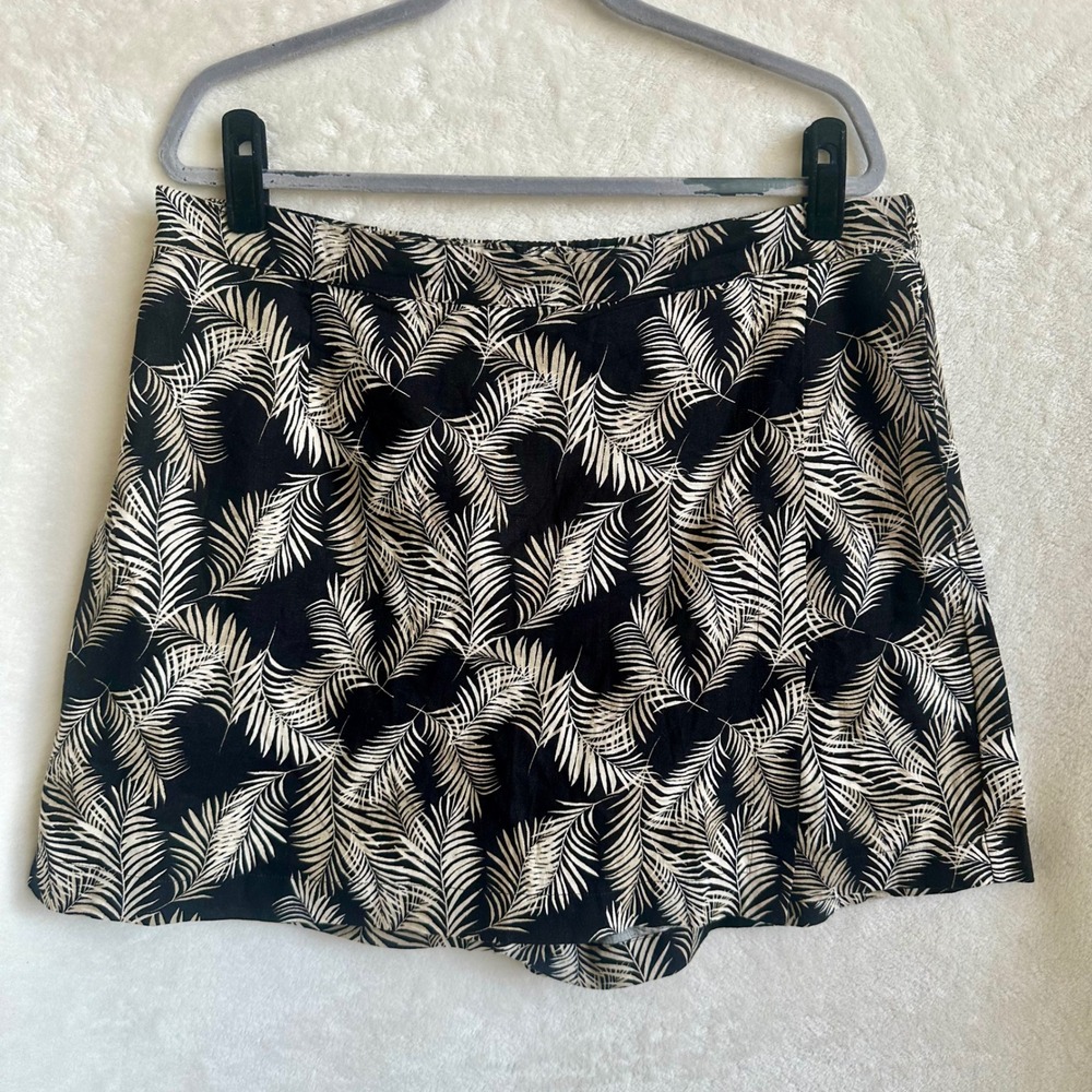 Ellen Tracy Black‎ Cream Palm Print Linen Blend Mock Wrap Skort XL